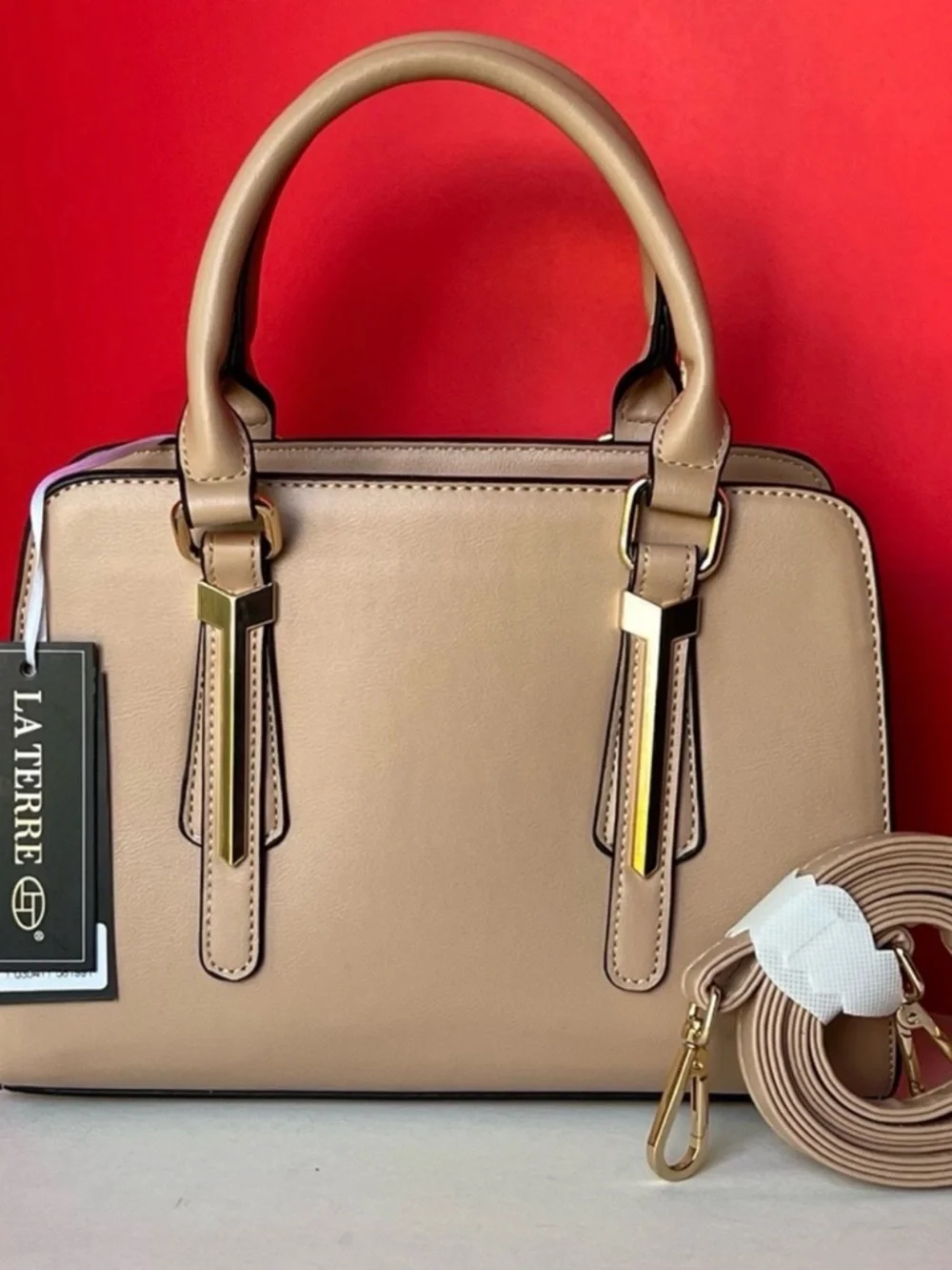 La Terre Beige Structured Crossbody Satchel